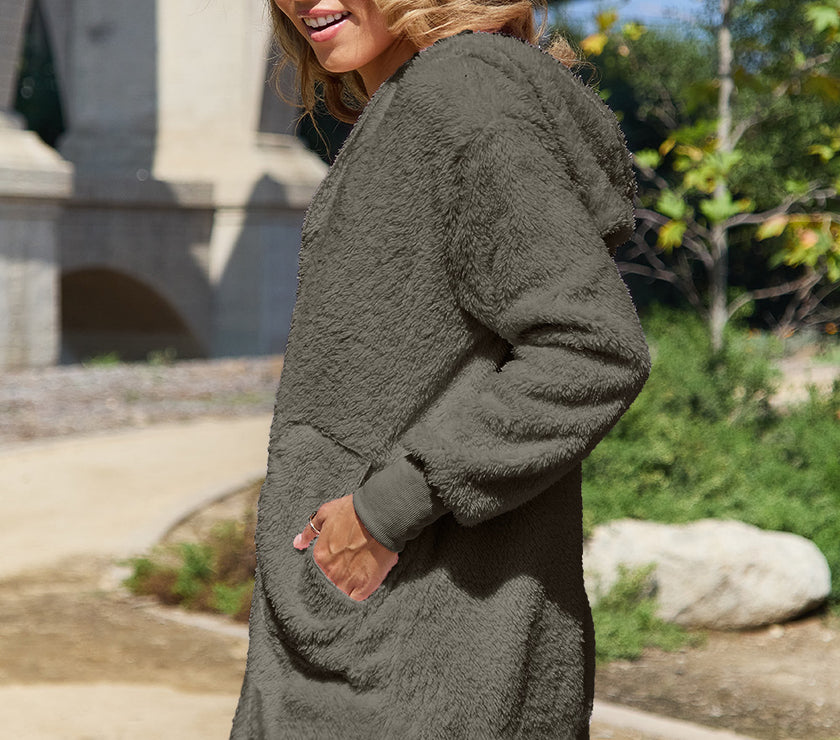 Double Take Full Size Hooded Teddy Bear Jacket with Thumbholes