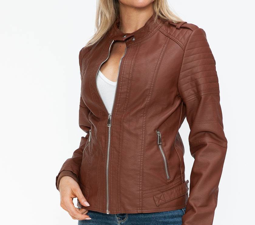 Snobbish PU Leather Biker Jacket with Side Zip Pockets