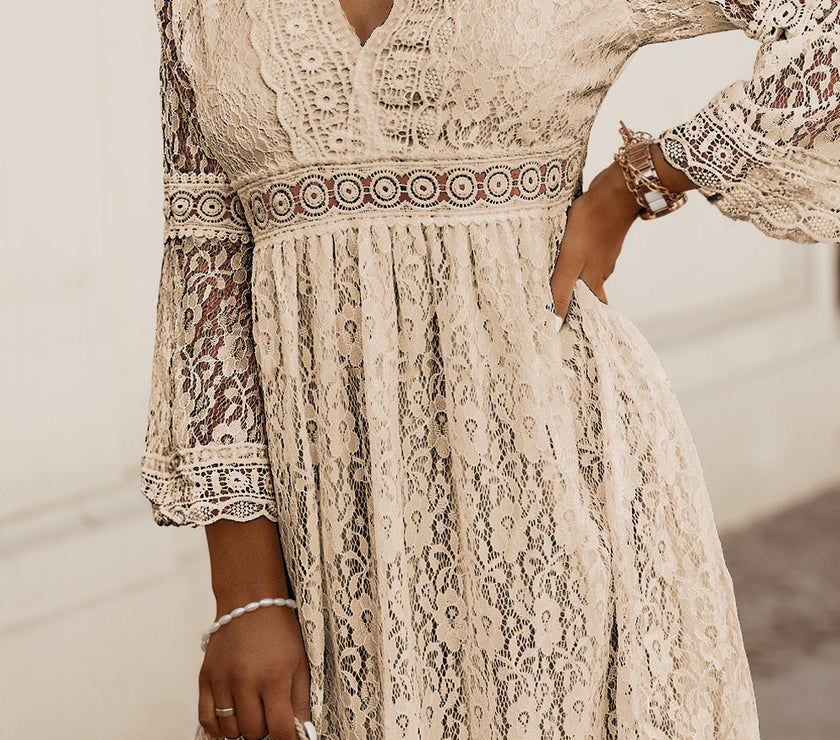 Lace V-Neck Three-Quarter Sleeve Dress