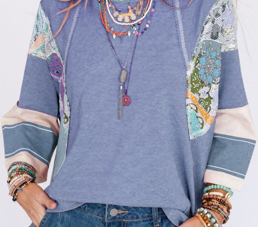 Striped Floral Patchwork Round Neck Top
