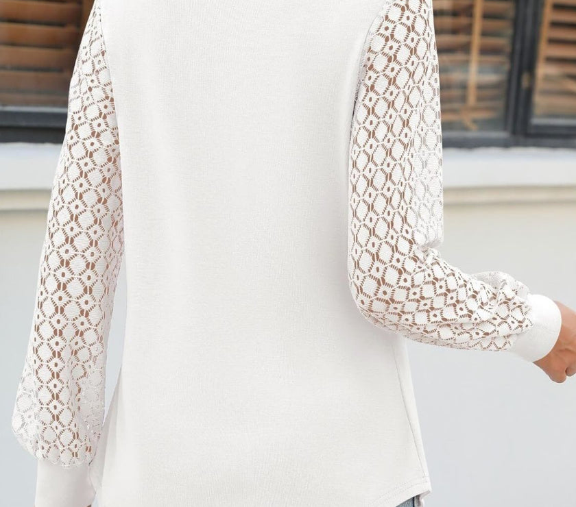 Cutout Round Neck Lace Long Sleeve Blouse