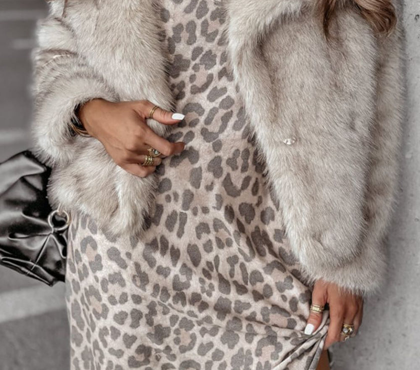 Leopard V-Neck Long Sleeve Dress