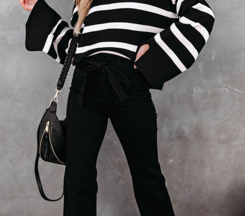 Striped Johnny Collar Long Sleeve Sweater