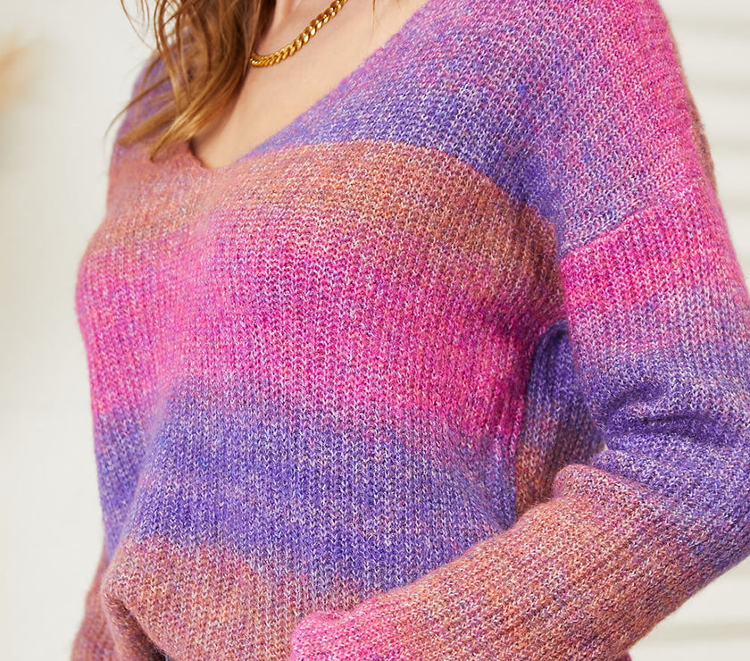 Angel Wings Multicolored Rib-Knit V-Neck Knit Pullover