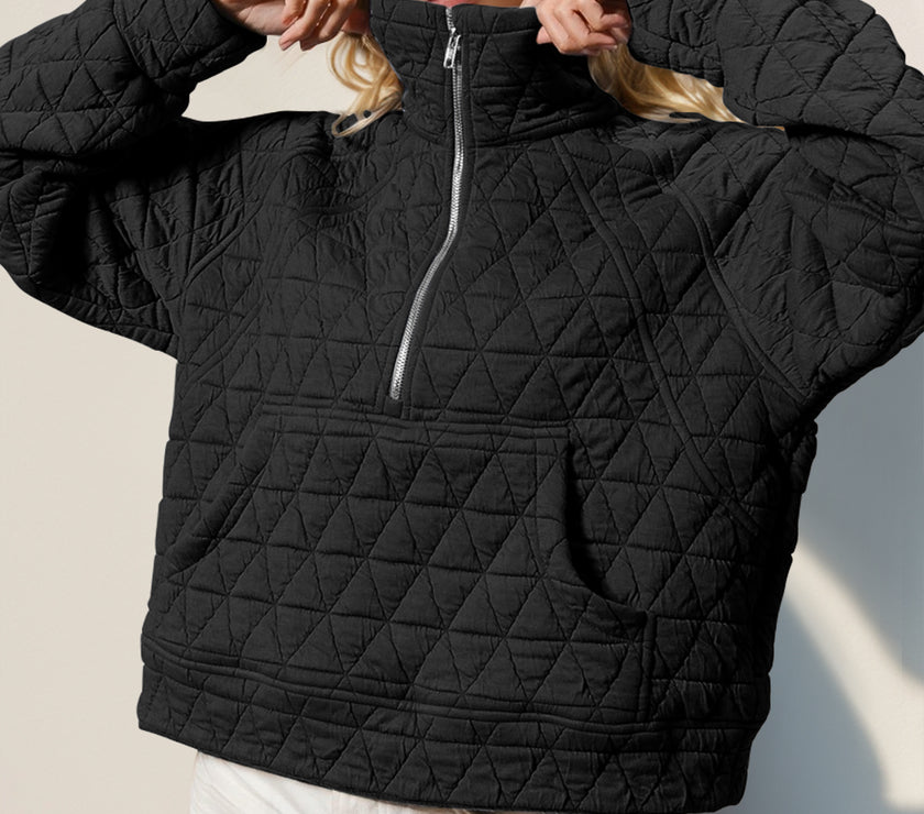 Double Take Half Zip Long Sleeve Quilted Sweatshirt with Pocket