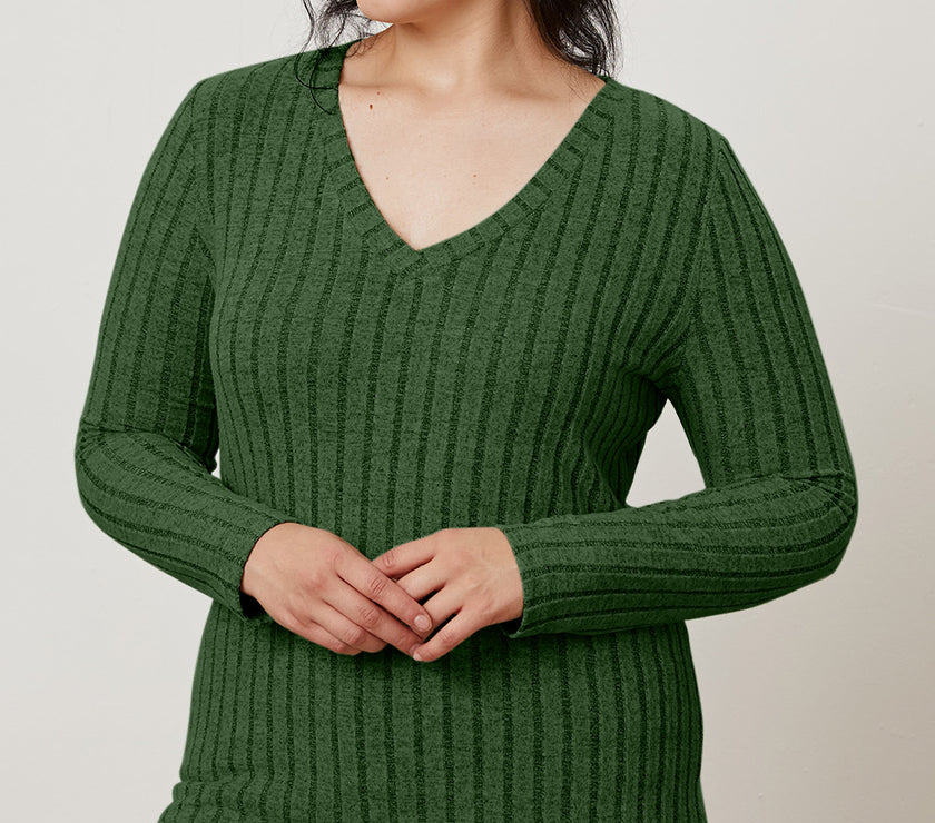 Basic Bae Full Size Ribbed V-Neck Long Sleeve T-Shirt
