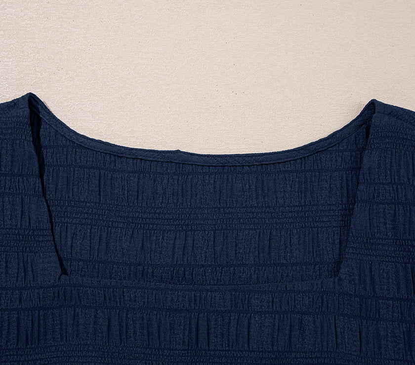 Dirty blue Textured Square Neck Top and Shirred High Waist Shorts Set