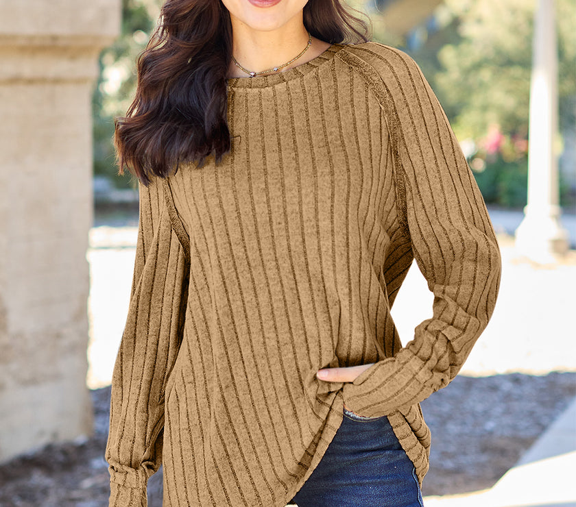 Basic Bae Full Size Ribbed Round Neck Long Sleeve Knit Top