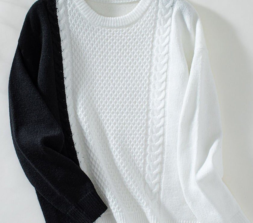 Two Tone Cable Knit Round Neck Long Sleeve Sweater