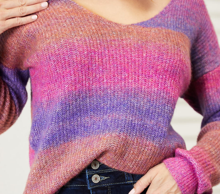 Angel Wings Multicolored Rib-Knit V-Neck Knit Pullover