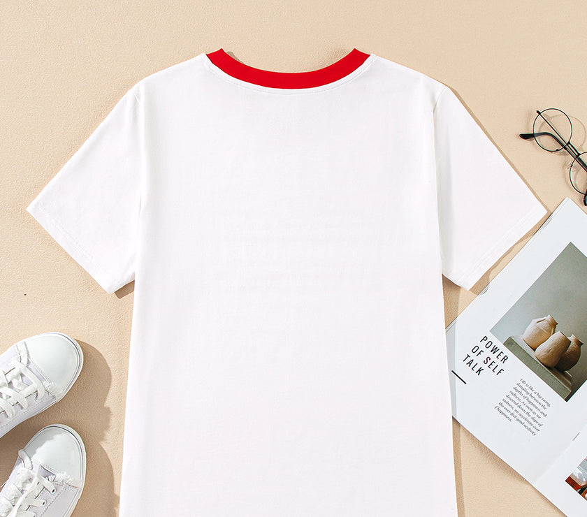 White Rainbow Stripe Print Contrast Crewneck T Shirt