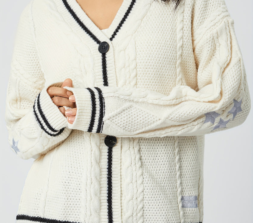 Star Embroidered V-Neck Long Sleeve Cardigan