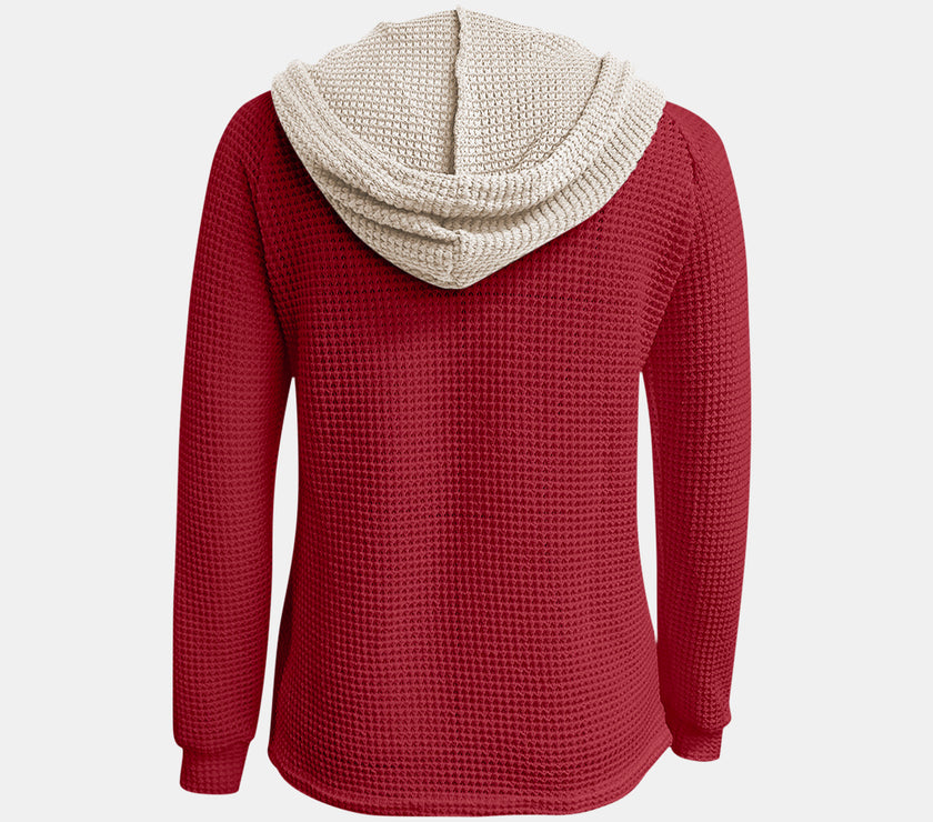 Full Size Waffle-Knit Contrast Long Sleeve Hoodie