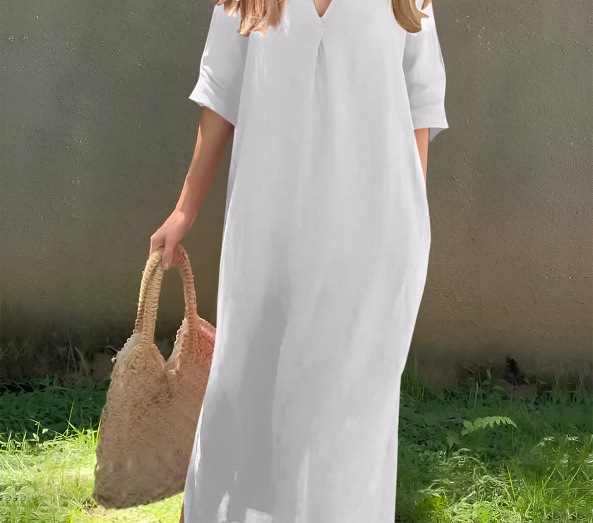 Full Size Notched Half Sleeve Midi Dress