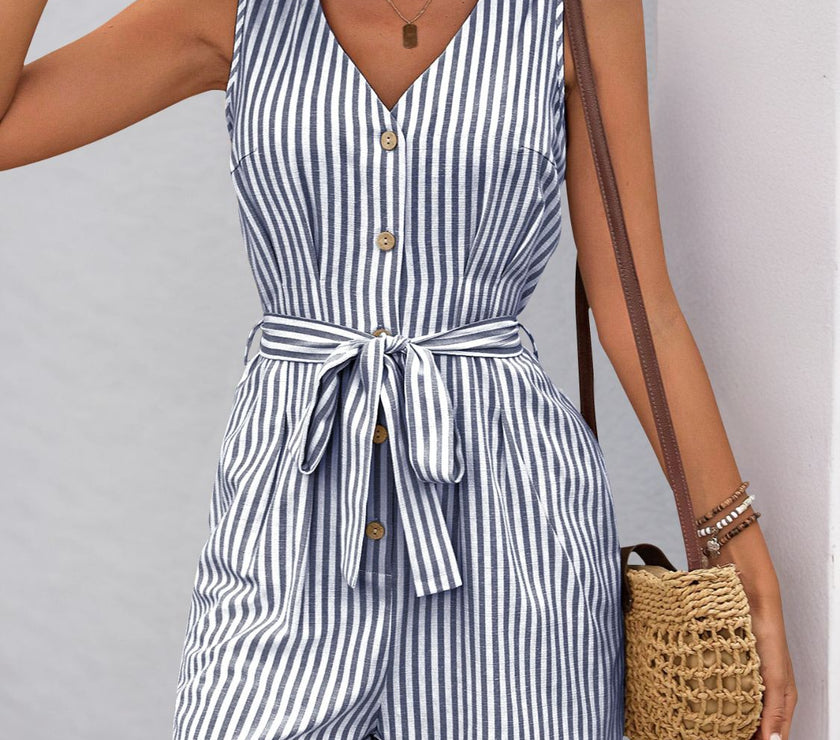 Perfee Striped V-Neck Tie Waist Romper