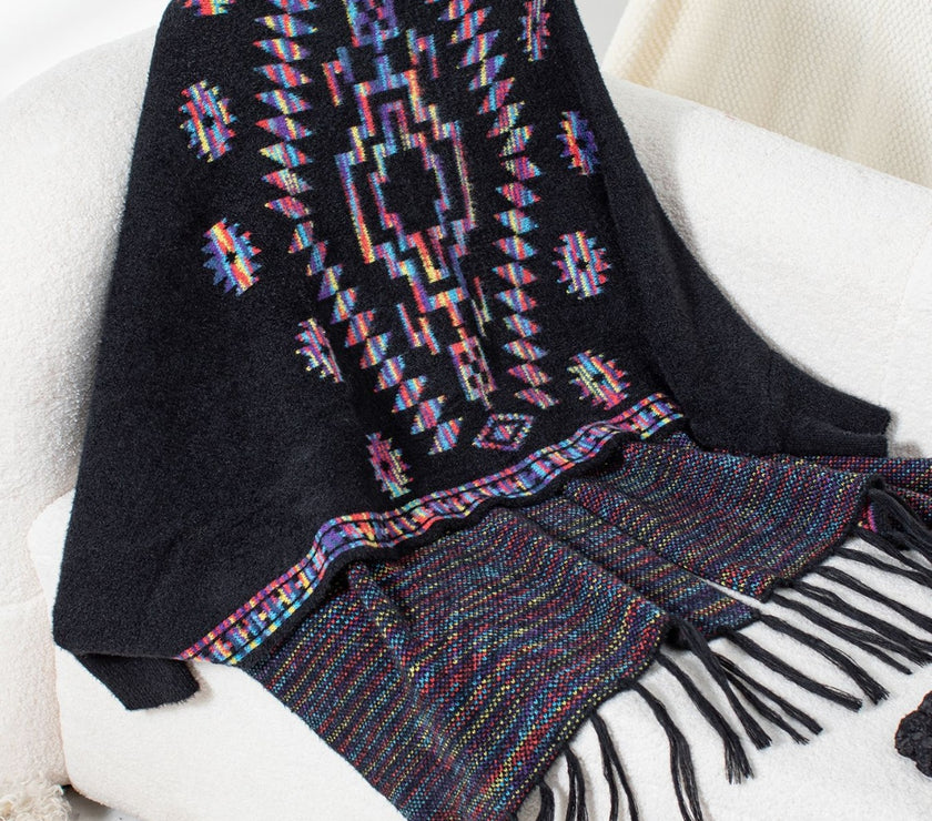 Fringe Geometric Open Front Long Sleeve Cape