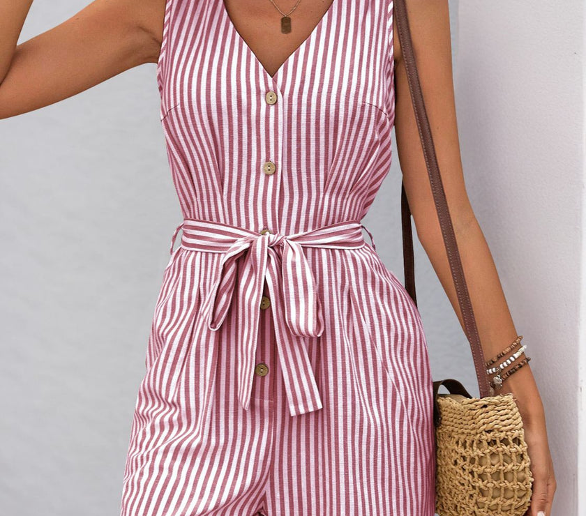 Perfee Striped V-Neck Tie Waist Romper