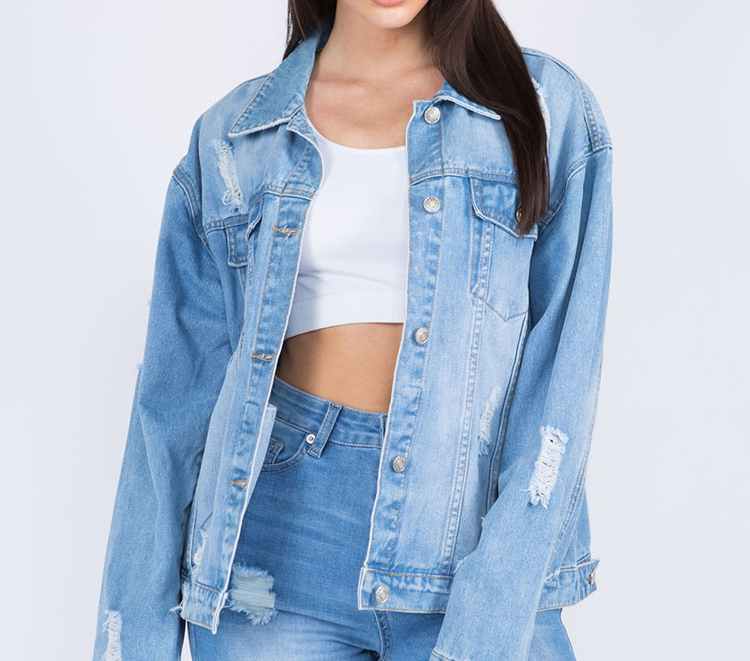 American Bazi Full Size Painted Back Distressed Denim Jacket