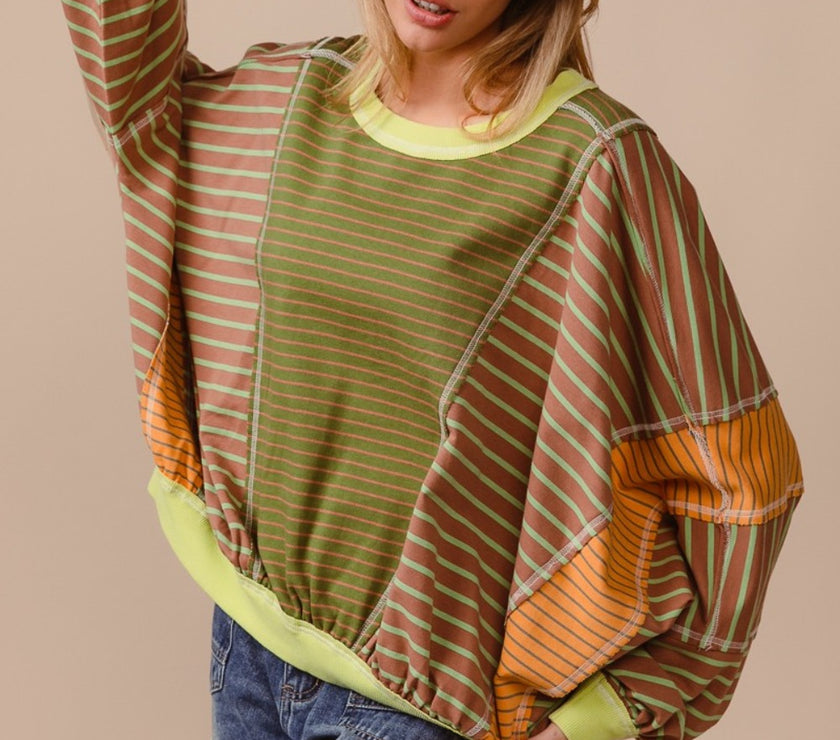 BiBi Color Block Striped Round Neck Sweatshirt