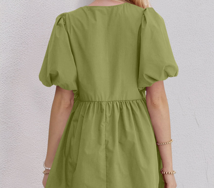 Oh Bow Ruched Puff Sleeve Mini Dress