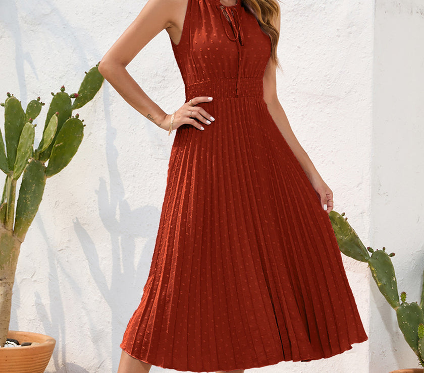 Swiss Dot Tie Neck Sleeveless Dress