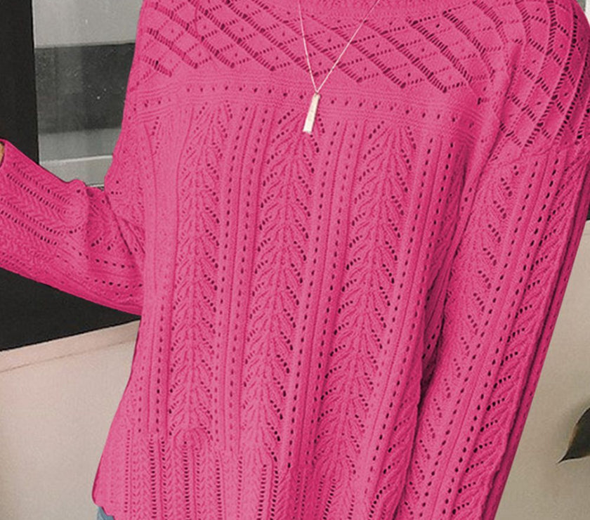 Openwork Round Neck Long Sleeve Knit Top
