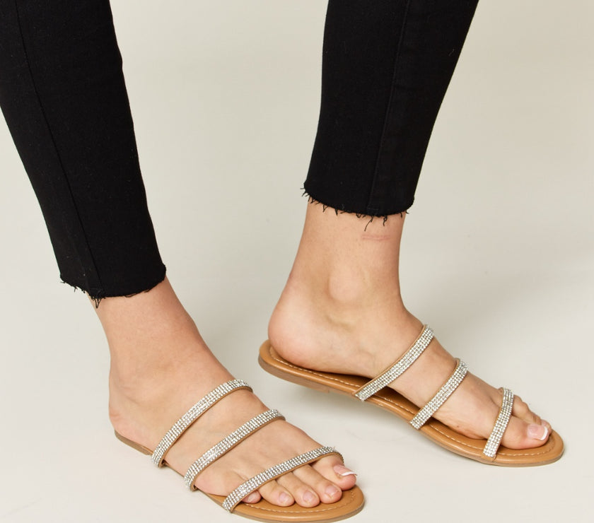 WILD DIVA Rhinestone Three-Strap Flat Sandals