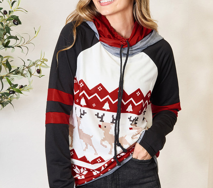 Double Take Full Size Christmas Drawstring Long Sleeve Hoodie