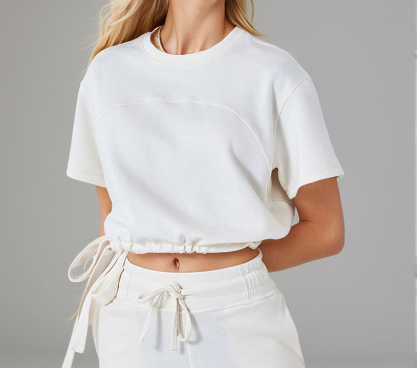 Basic Bae Drawstring Hem Air Scuba Round Neck Short Sleeve T-Shirt