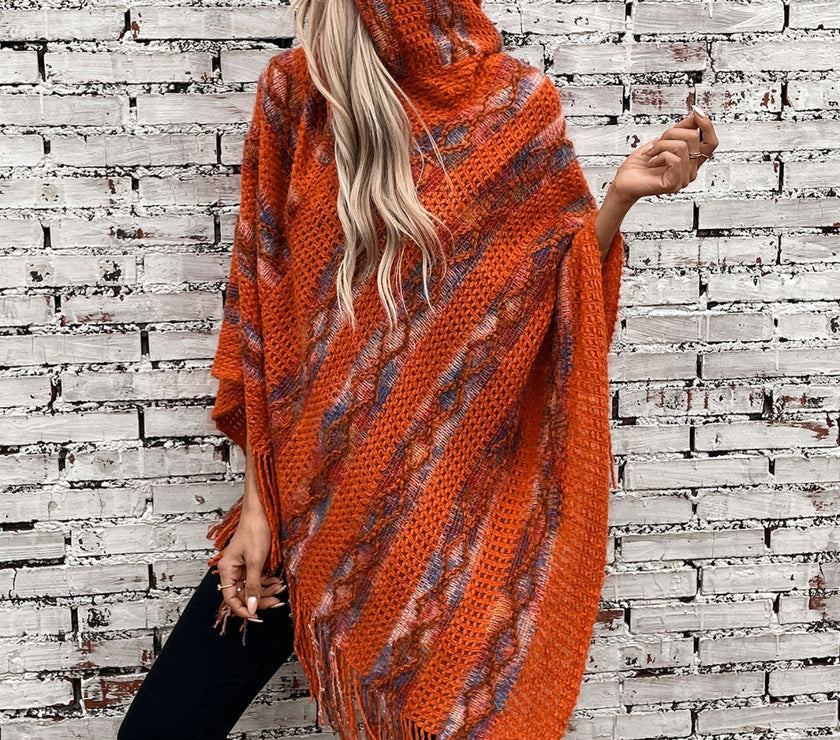 Fringe Contrast Hooded Poncho