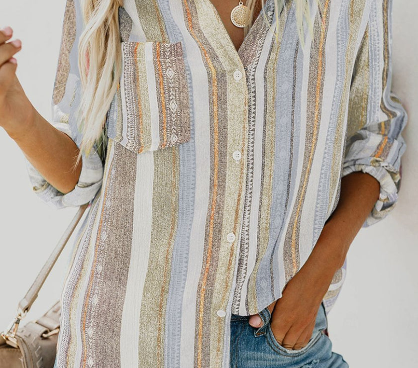 Striped Collared Neck Long Sleeve Shirt