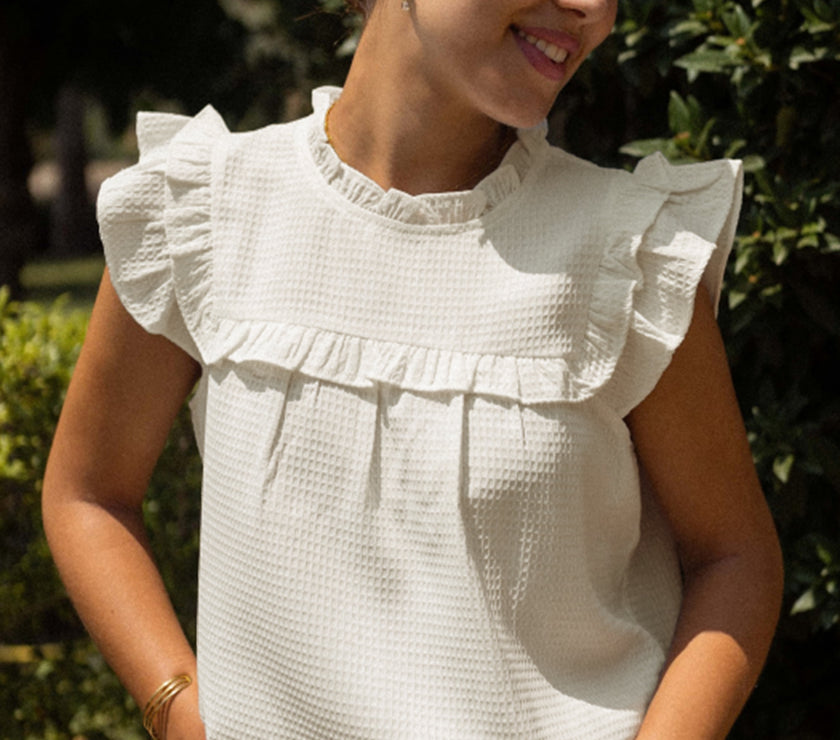 White Solid Color Ruffle Trim Waffle Knit Blouse