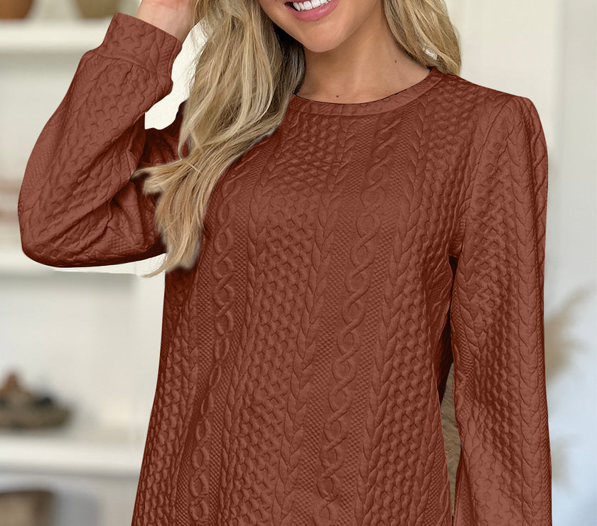 FAM-FAM Textured Round Neck Long Sleeve Sweatshirt
