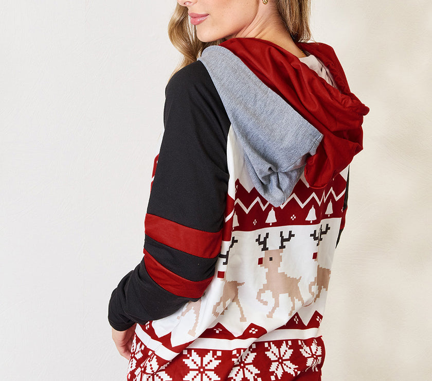 Double Take Full Size Christmas Drawstring Long Sleeve Hoodie