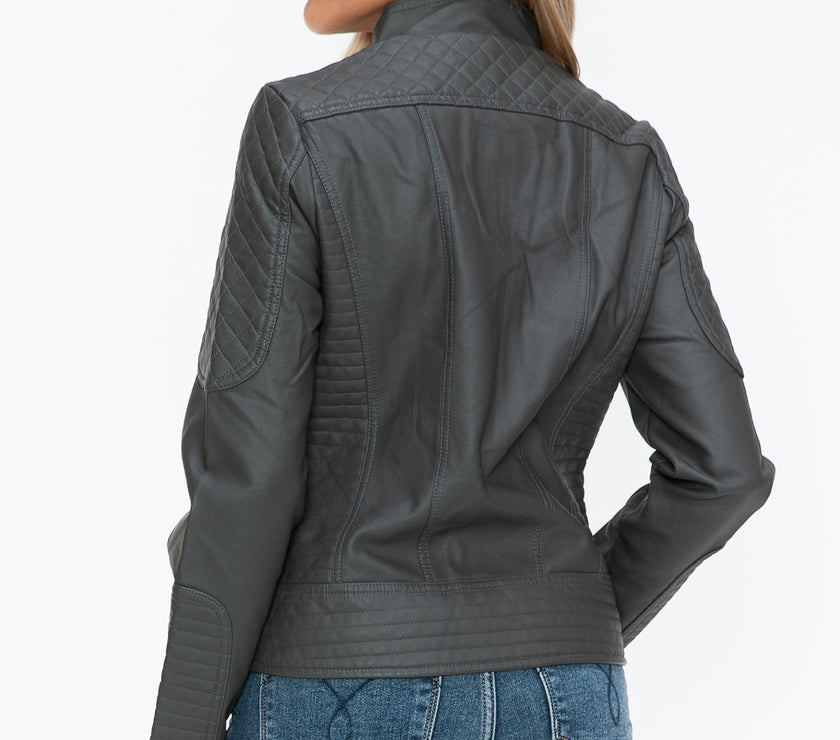 Snobbish Faux Leather Zip Up Mock Neck Jacket