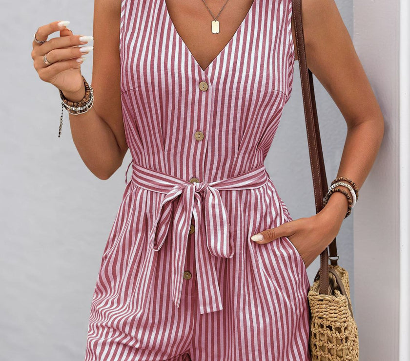 Perfee Striped V-Neck Tie Waist Romper
