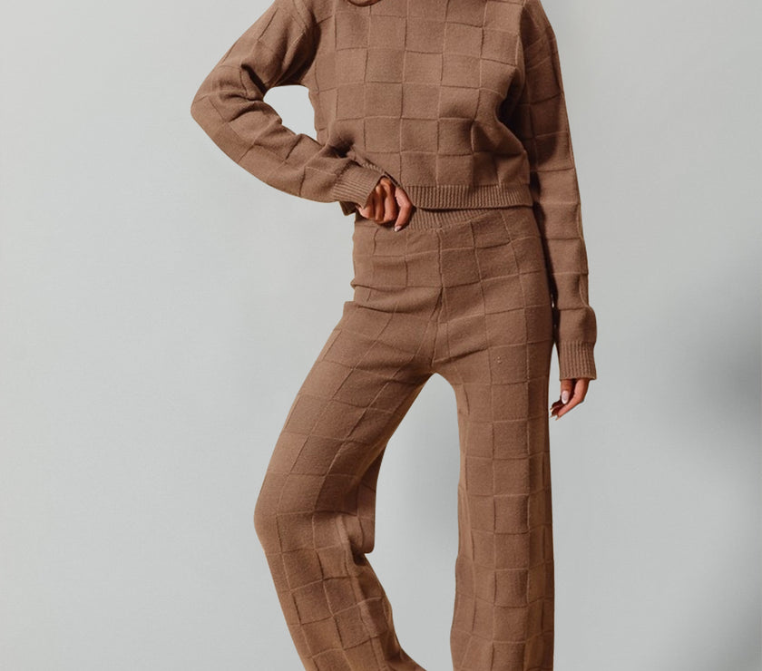 Double Take Full Size Checkered Round Neck Top and Pants Set