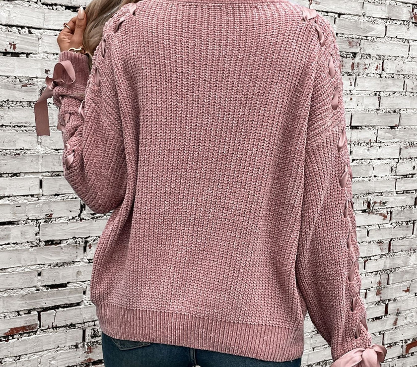 Lace Up Round Neck Long Sleeve Sweater