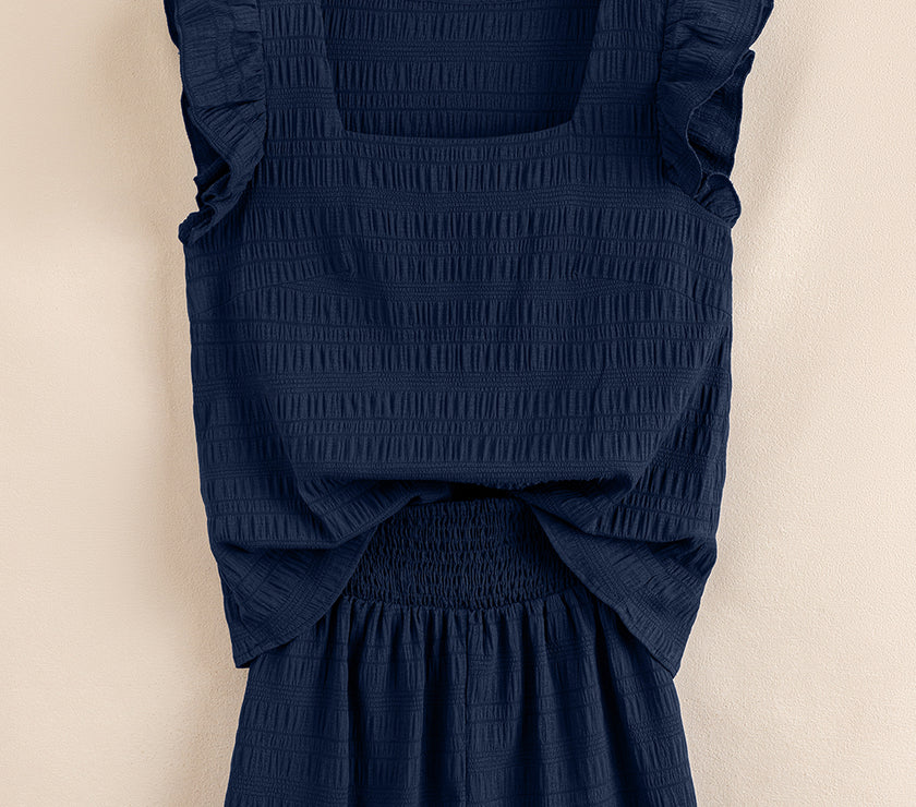 Dirty blue Textured Square Neck Top and Shirred High Waist Shorts Set