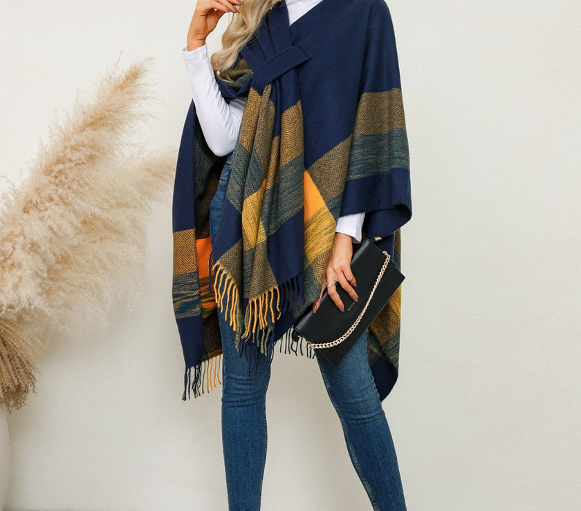 Fringe Contrast Plaid Poncho