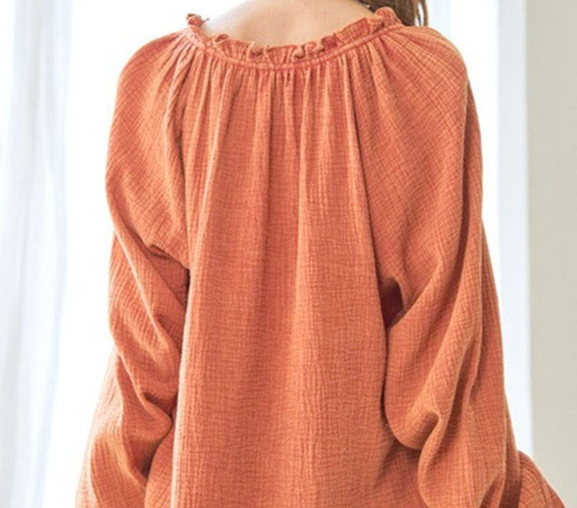 Frill V-Neck Balloon Sleeve Blouse