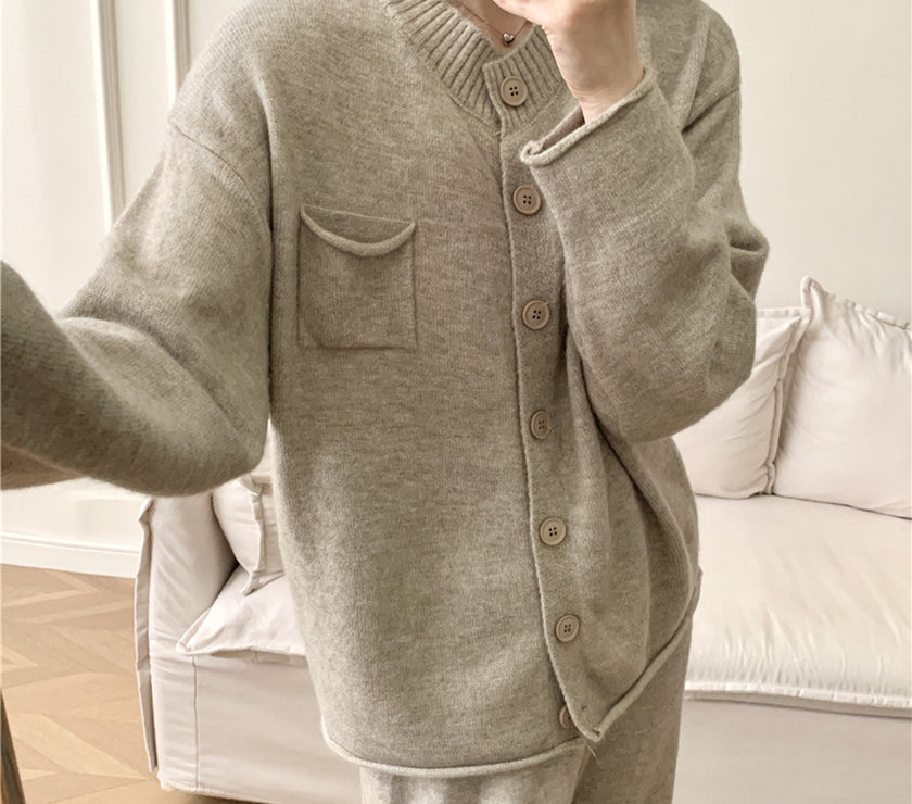 Pocketed Round Neck Button Up Cardigan and Pants Sweater Set