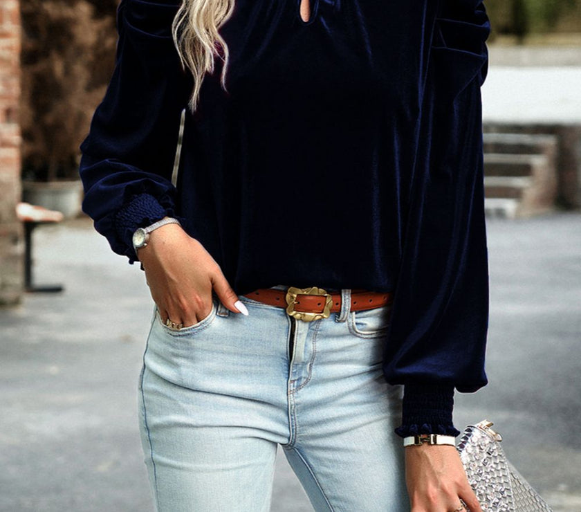 Tie Up Mock Neck Velvet Fabric Long Sleeve Blouse