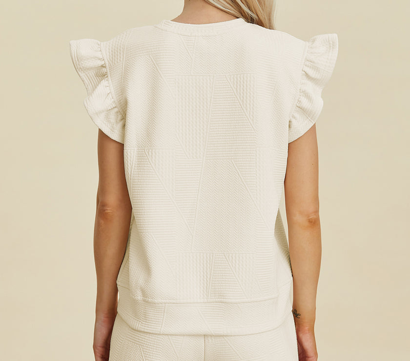 Double Take Full Size Texture Round Neck Ruffle Sleeve Top and Shorts Set