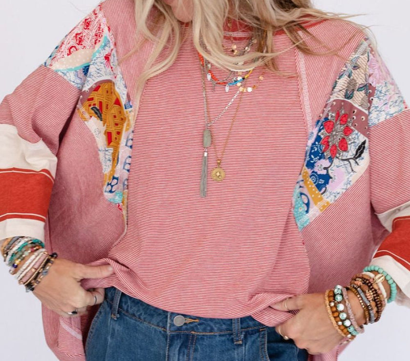 Striped Floral Patchwork Round Neck Top