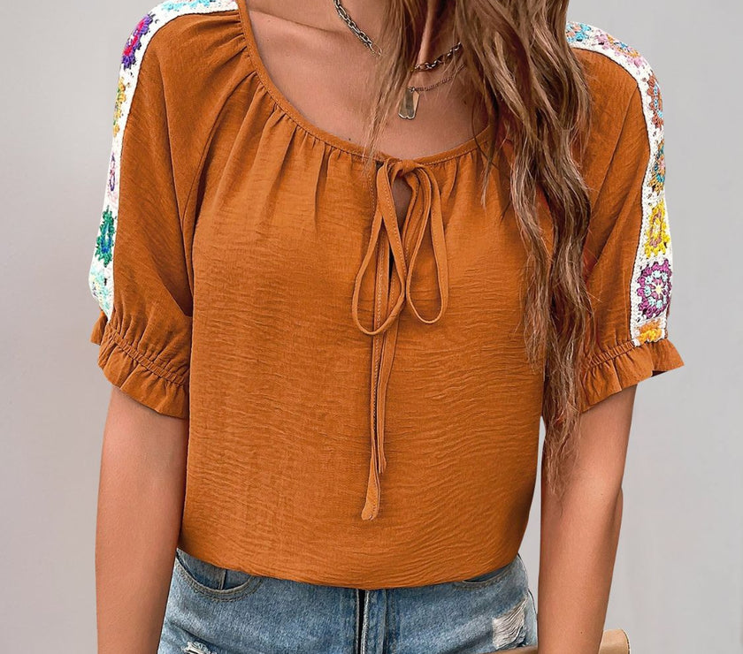Perfee Tied Crochet Detail Short Sleeve Blouse