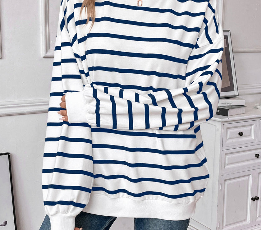 Lovelet Striped Round Neck Long Sleeve Sweatshirt