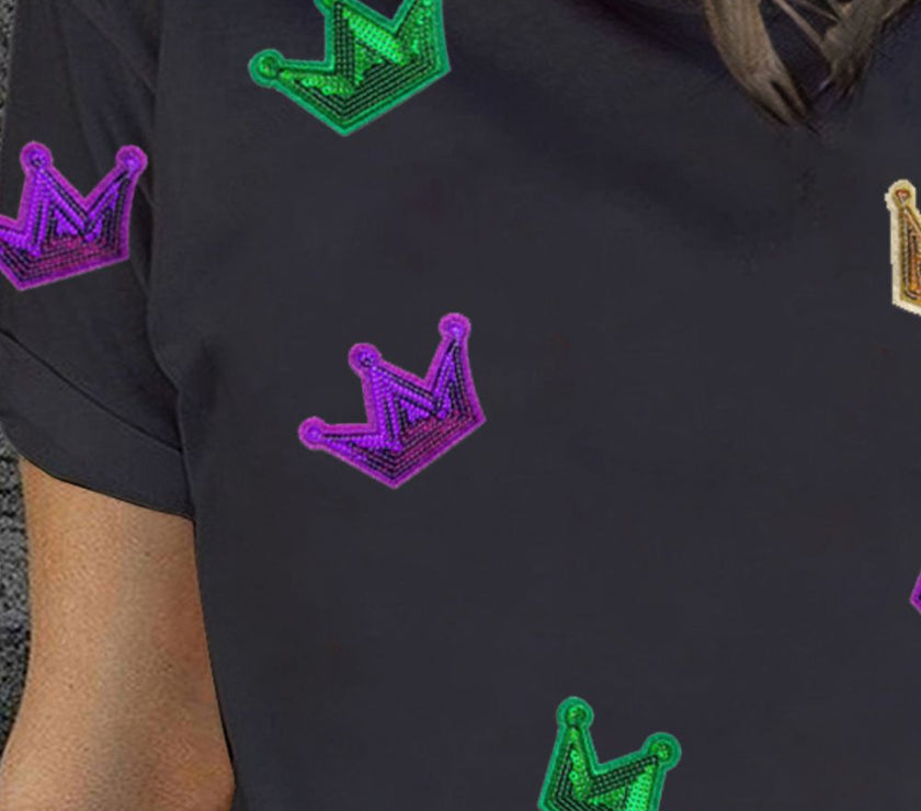 Plus Size Sequin Crown Print Round Neck T-Shirt
