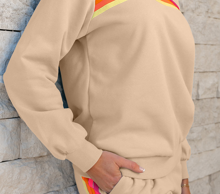 Apricot Striped Accent Pullover and Shorts Two Piece Casual Set