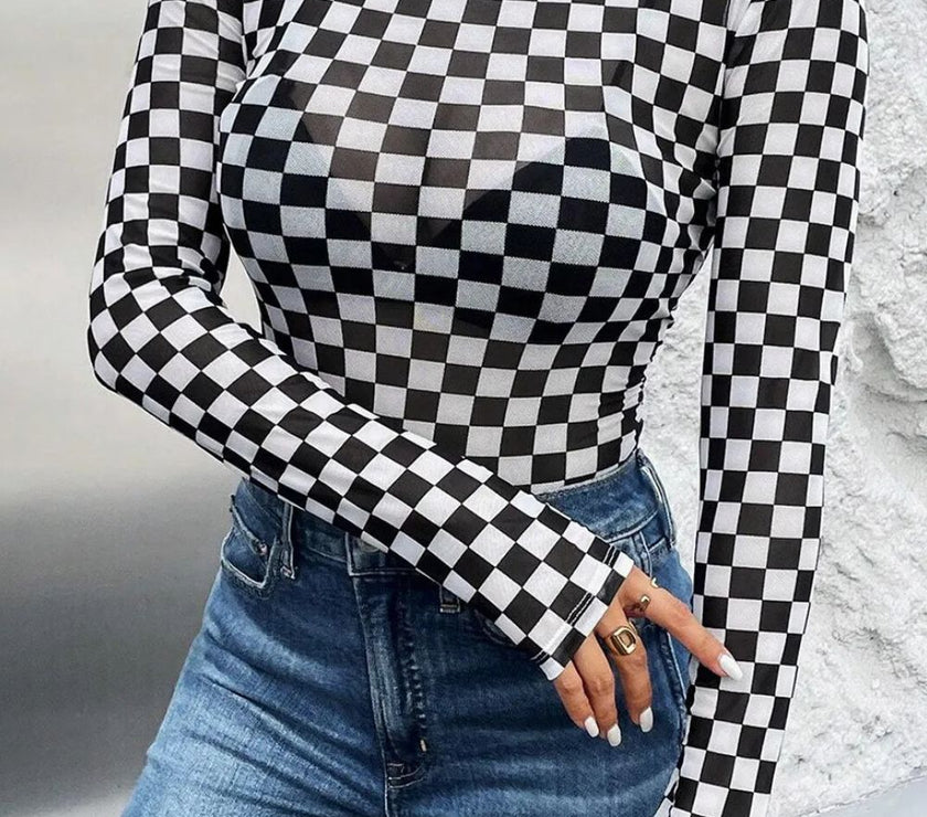 Checkered Turtleneck Long Sleeve Bodysuit
